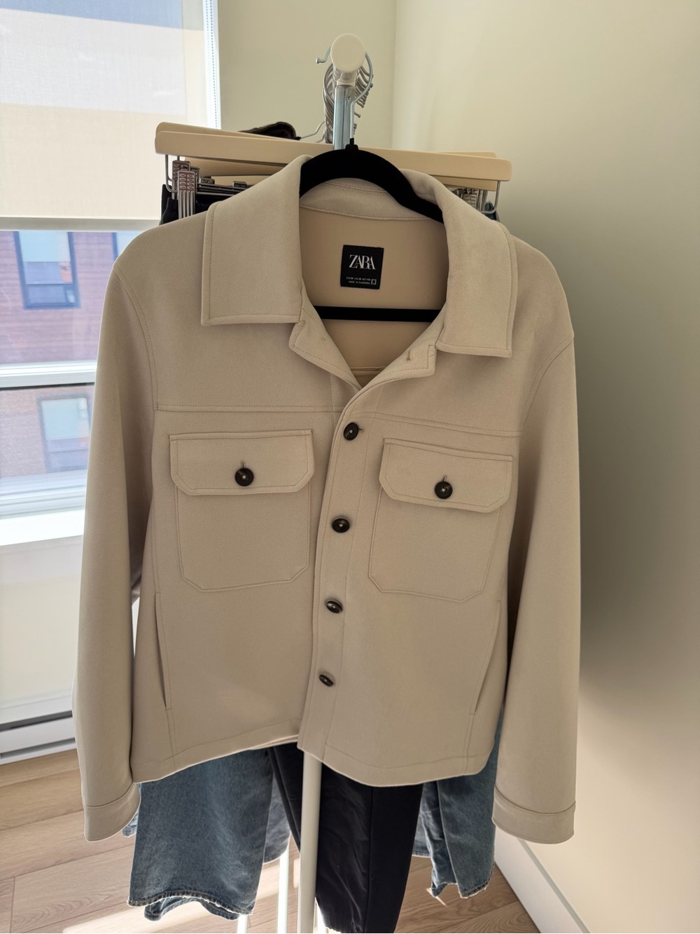 ZARA Men's Light Beige Button-Front Overshirt Jacket